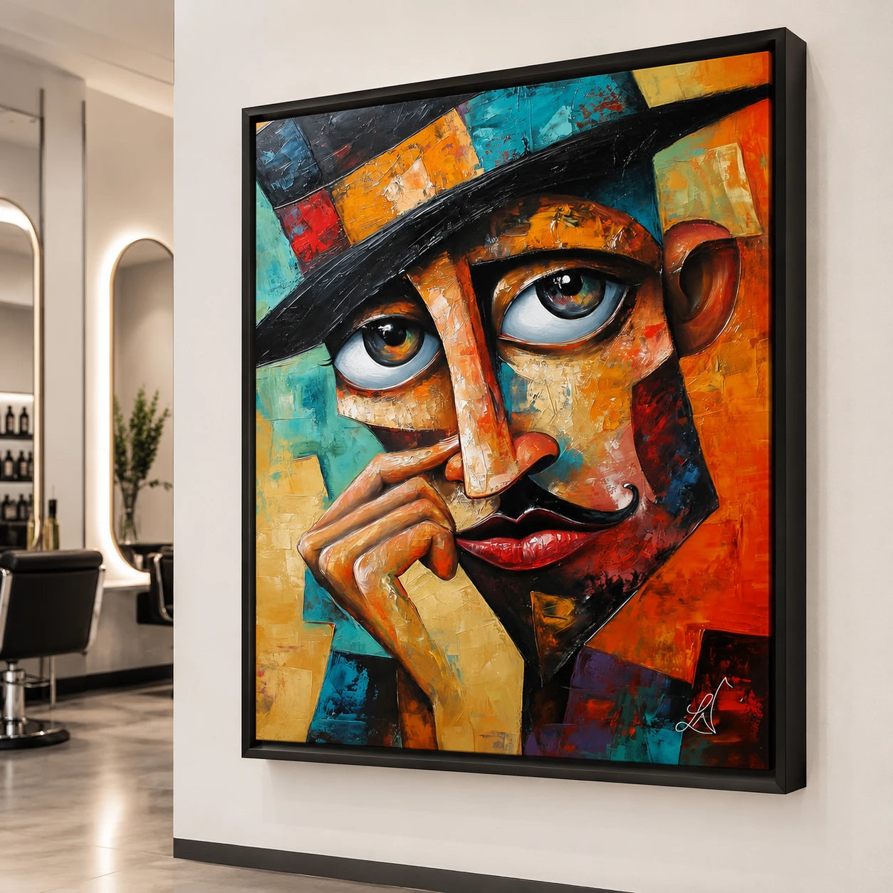 Tableau homme au chapeau avec cadre flottant noir sur mur clair