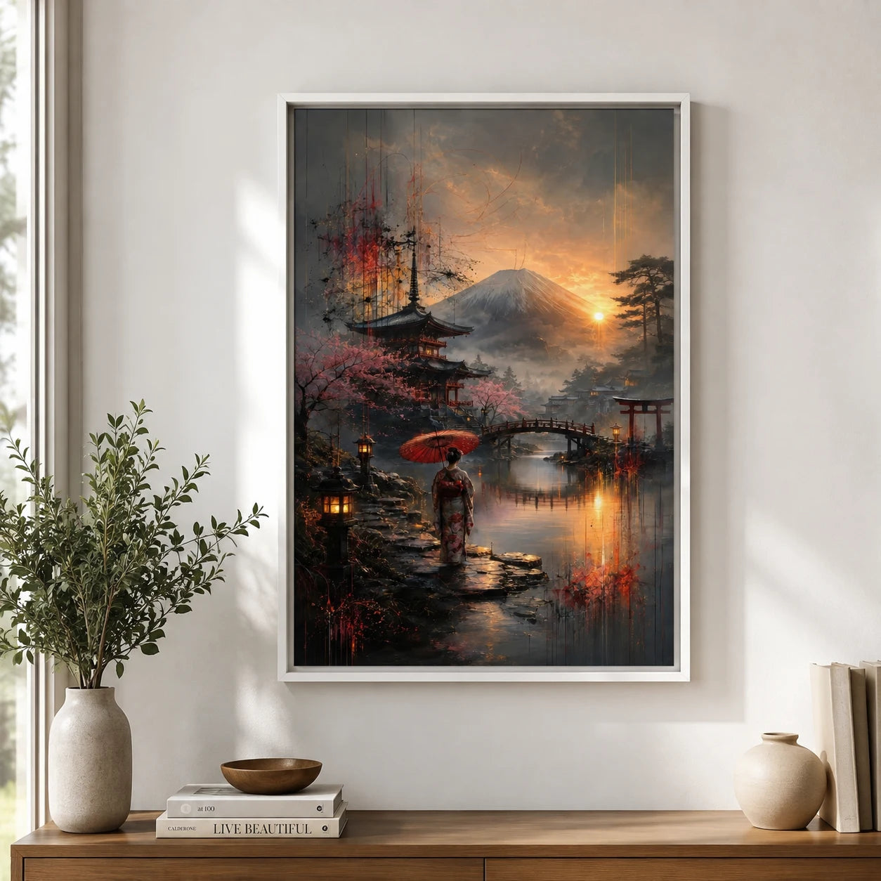 Tableau japonais Geisha Mont Fuji coucher de soleil