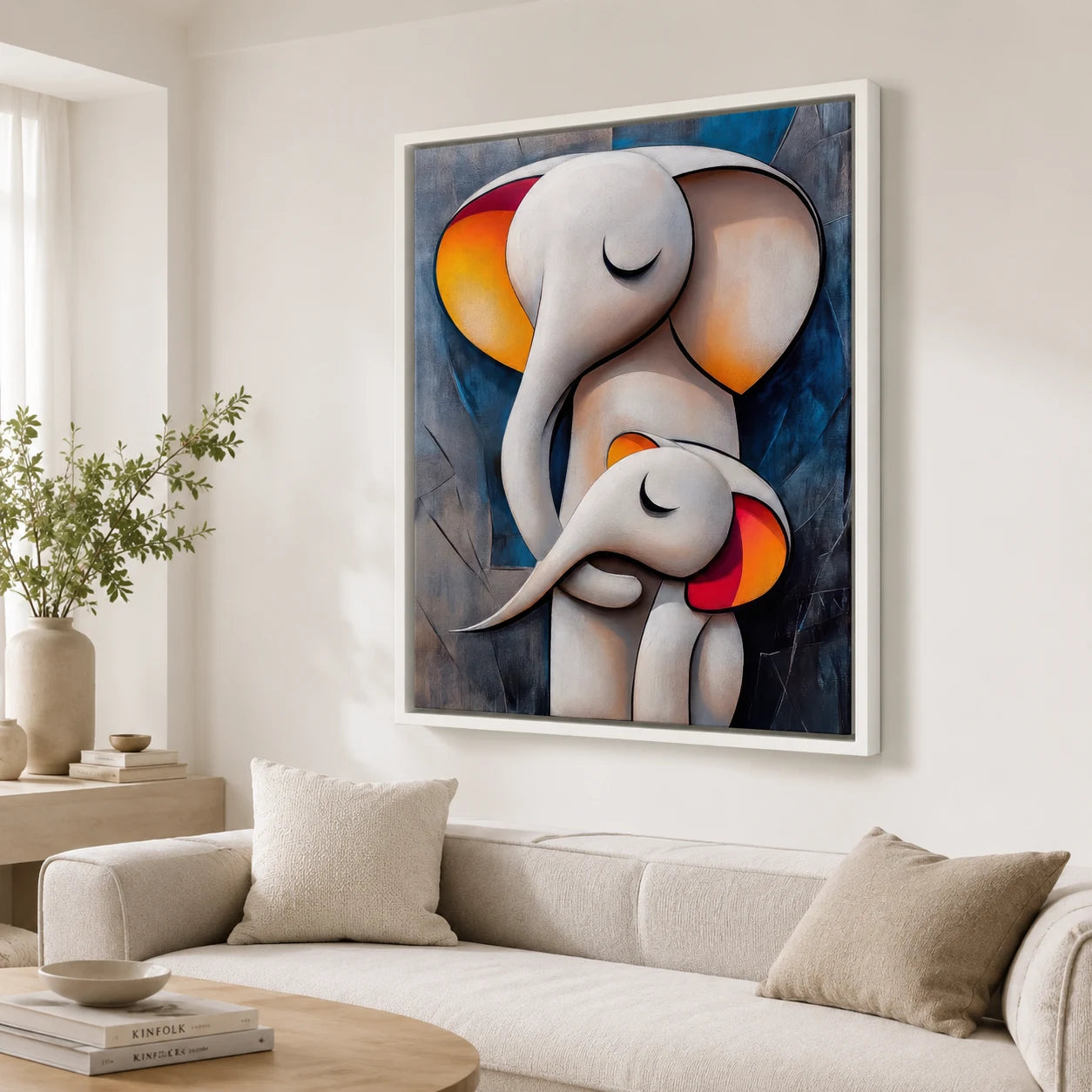 Tableau éléphants abstraits bleu gris et orange