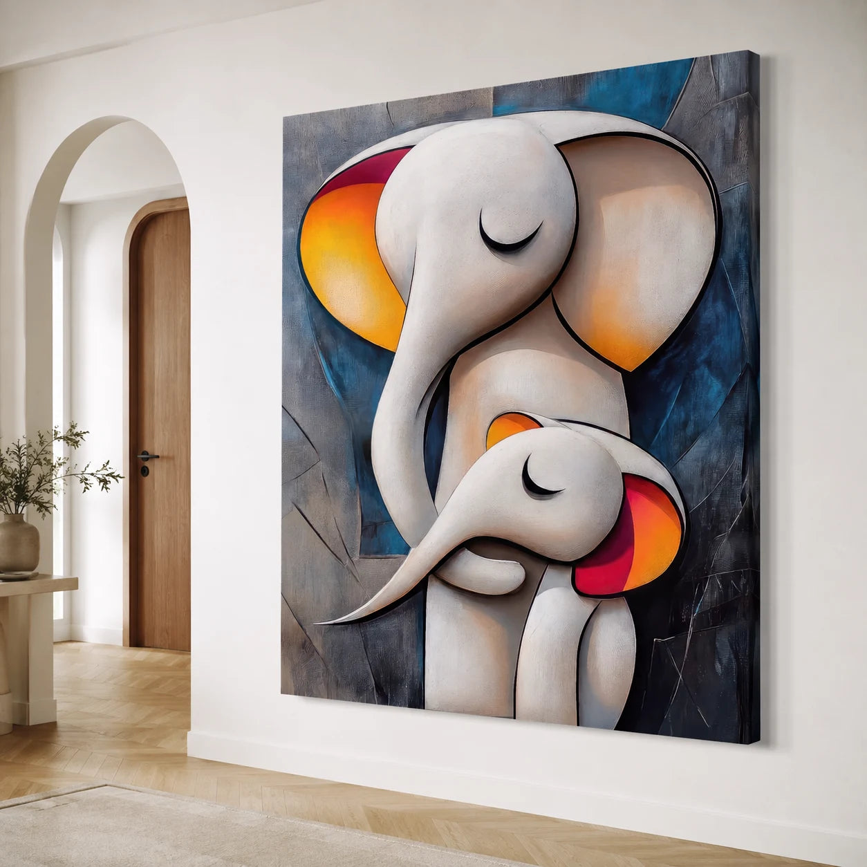 Tableau éléphants mère et enfant art moderne