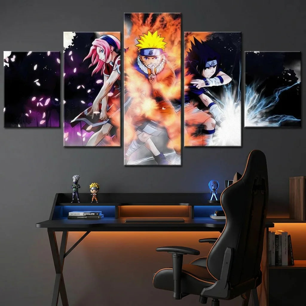 Tableau manga Naruto 5 panneaux avec Naruto Sakura et Sasuke