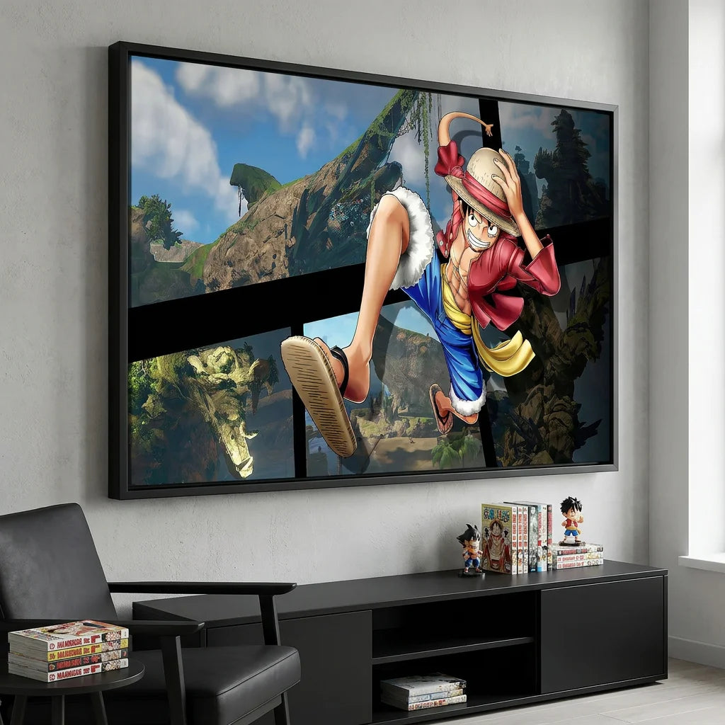 Tableau manga One Piece avec Luffy sautant au premier plan