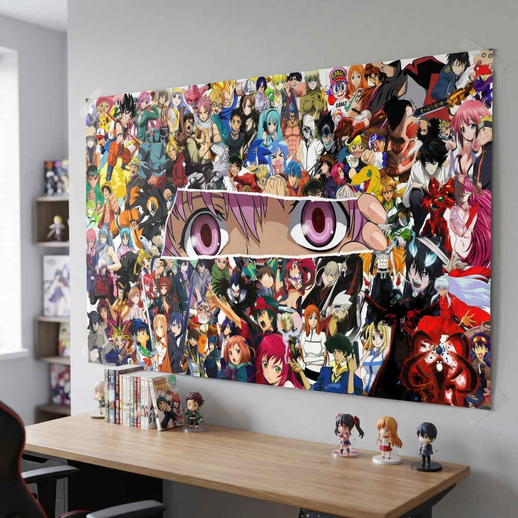 Tableau manga coloré avec héros d’anime japonais