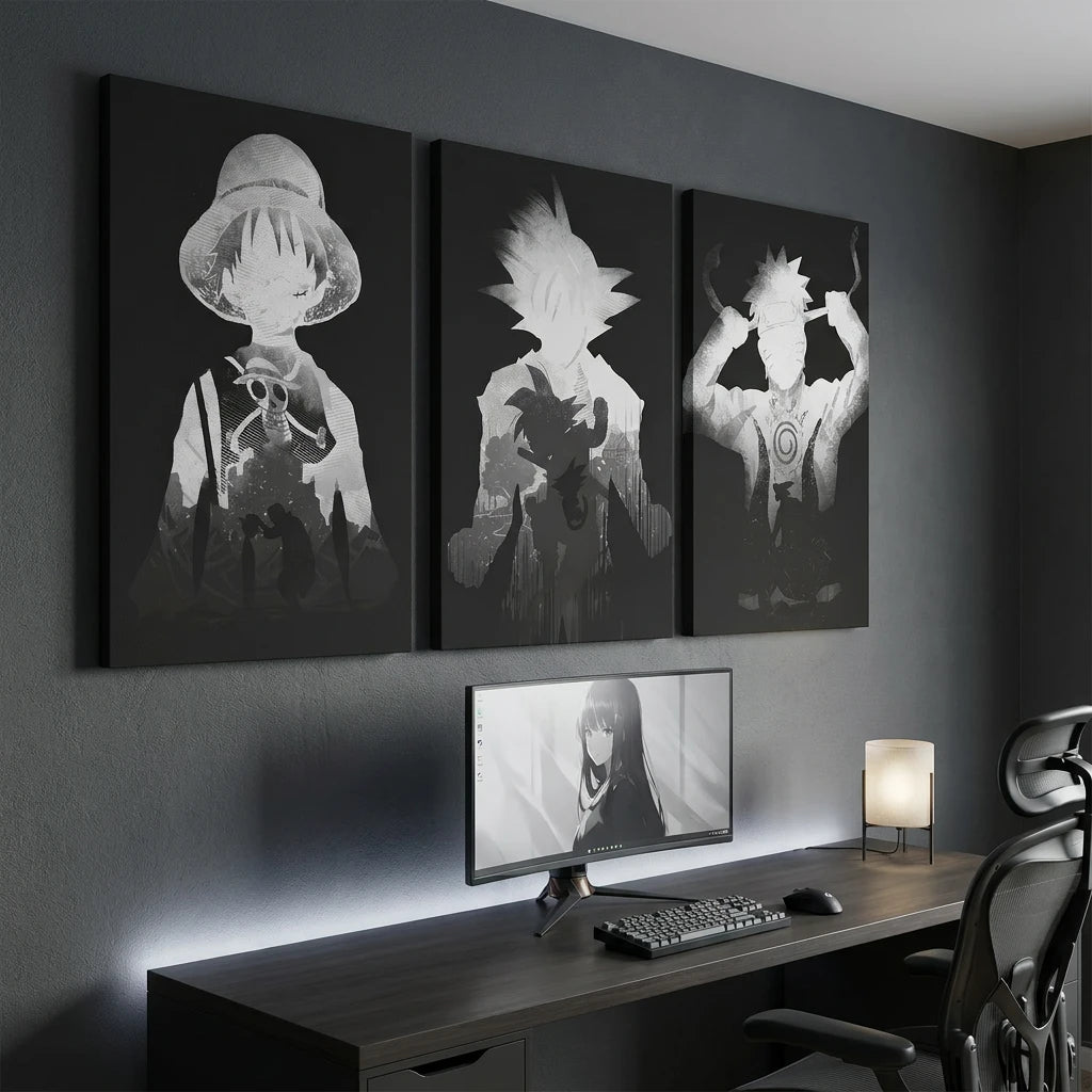 Tableau manga triptyque avec Goku Luffy et Naruto
