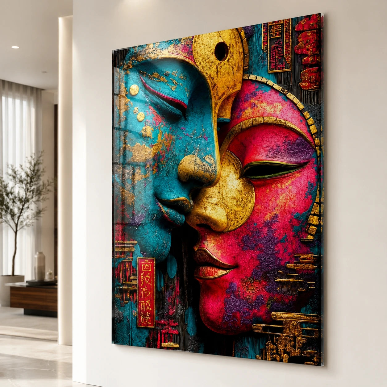Tableau masques orientaux avec cadre flottant blanc
