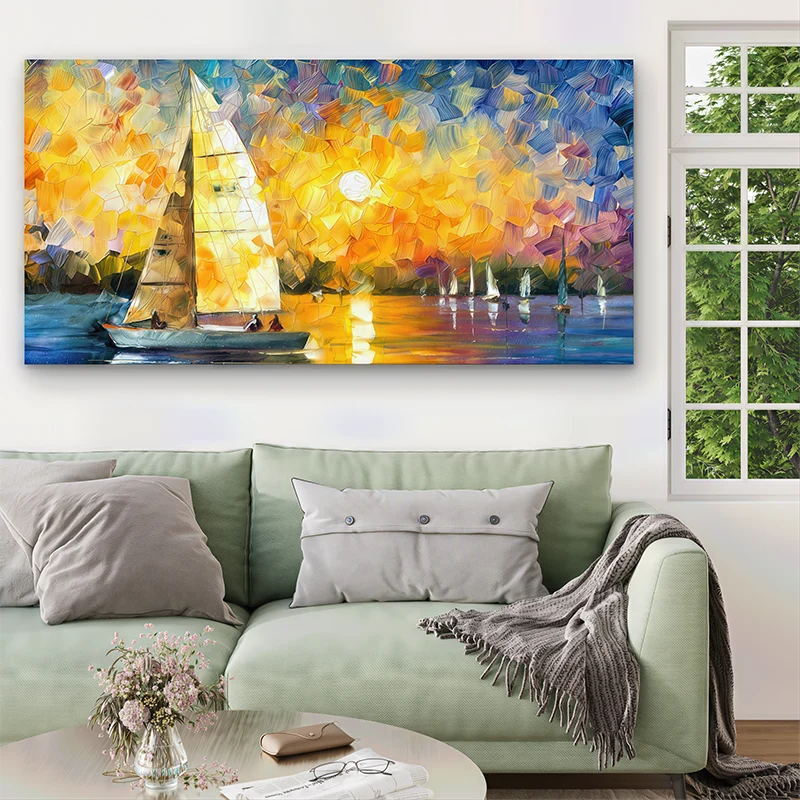 Tableau mer coucher de soleil avec voilier blanc sur fond orange lumineux
