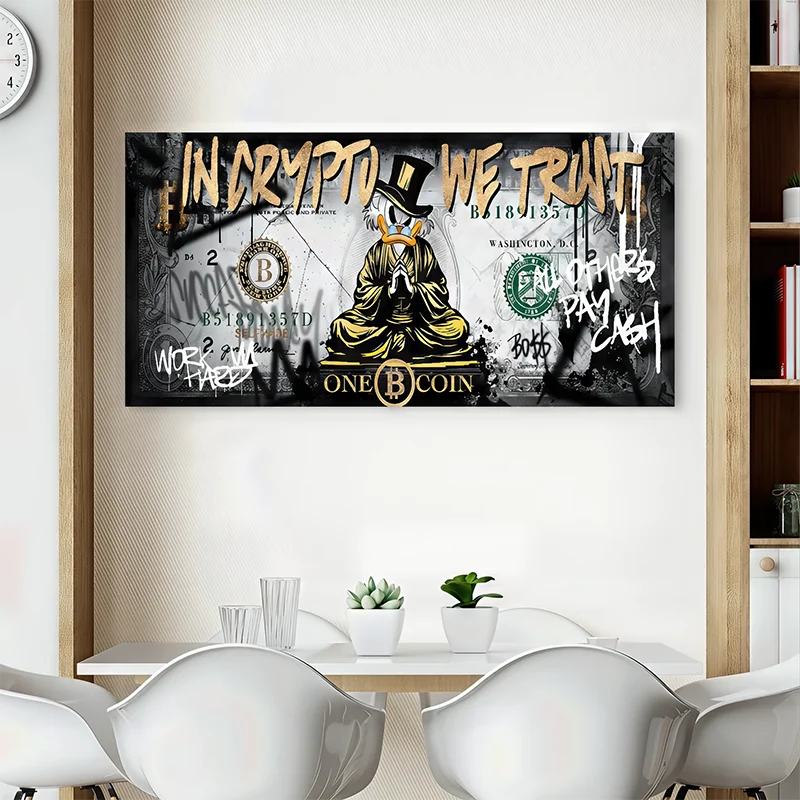 Tableau mural tendance crypto "In Crypto We Trust" ambiance graffiti luxe