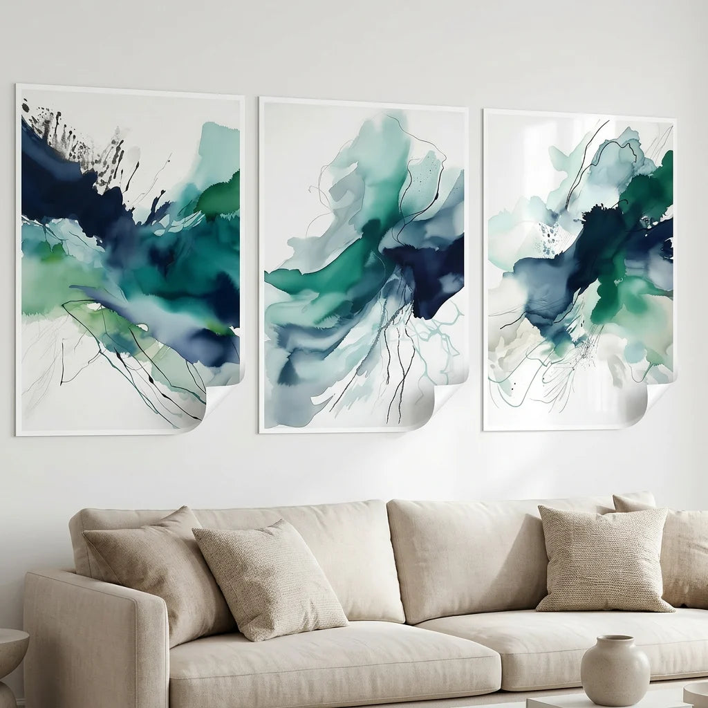 Tableau panoramique abstrait contemporain inspiration océan et fluid art