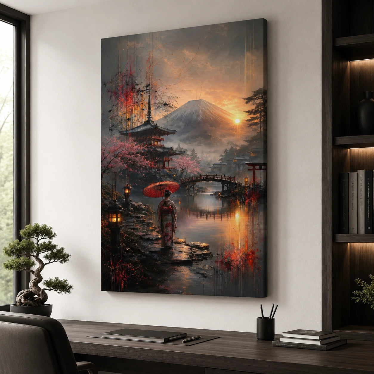 Tableau paysage japonais Mont Fuji et pagode