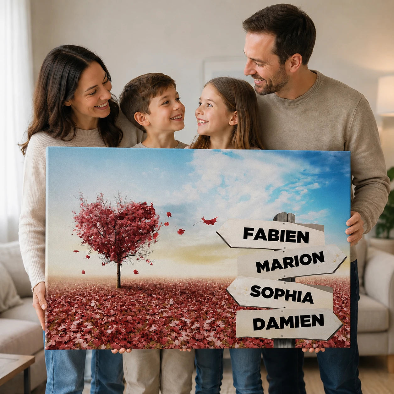 Tableau personnalisé avec prénoms de famille et arbre cœur rouge