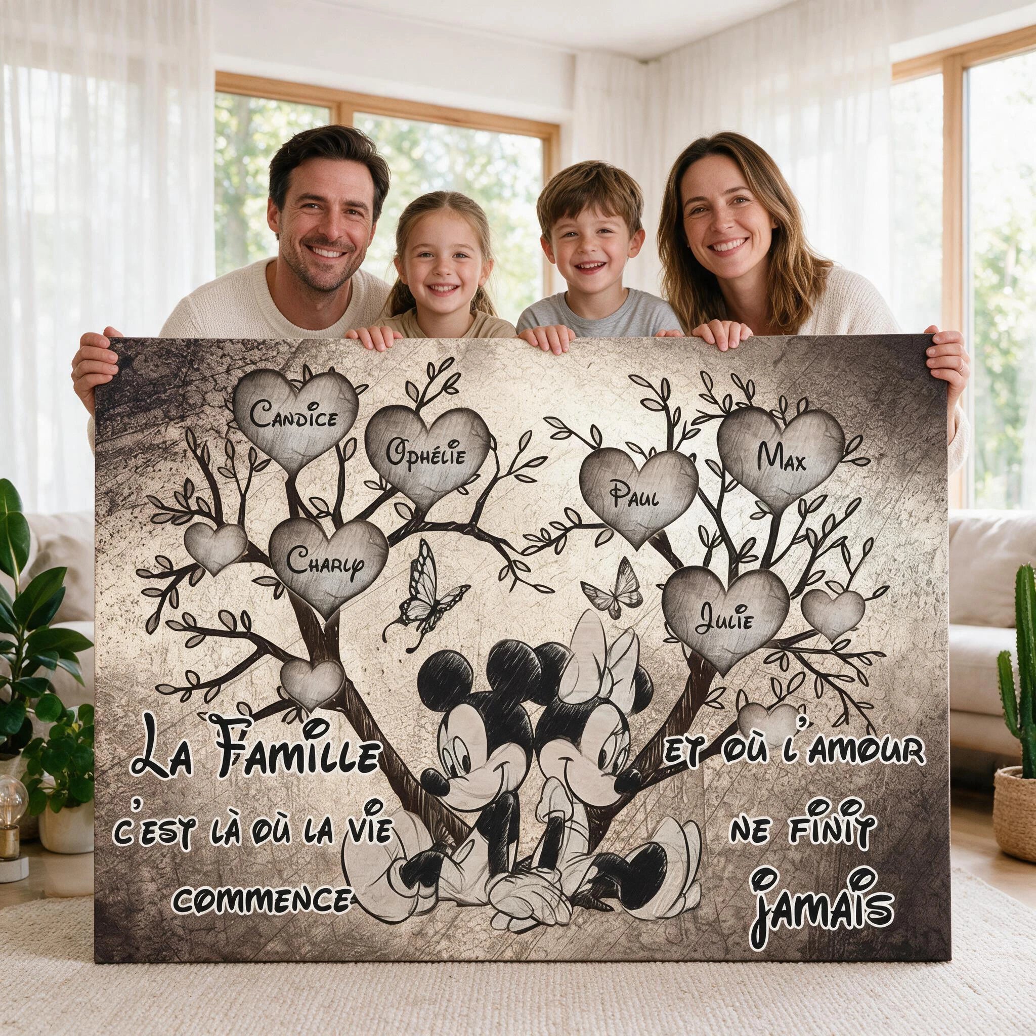 Tableau personnalisé famille avec prénoms et message sur l'amour