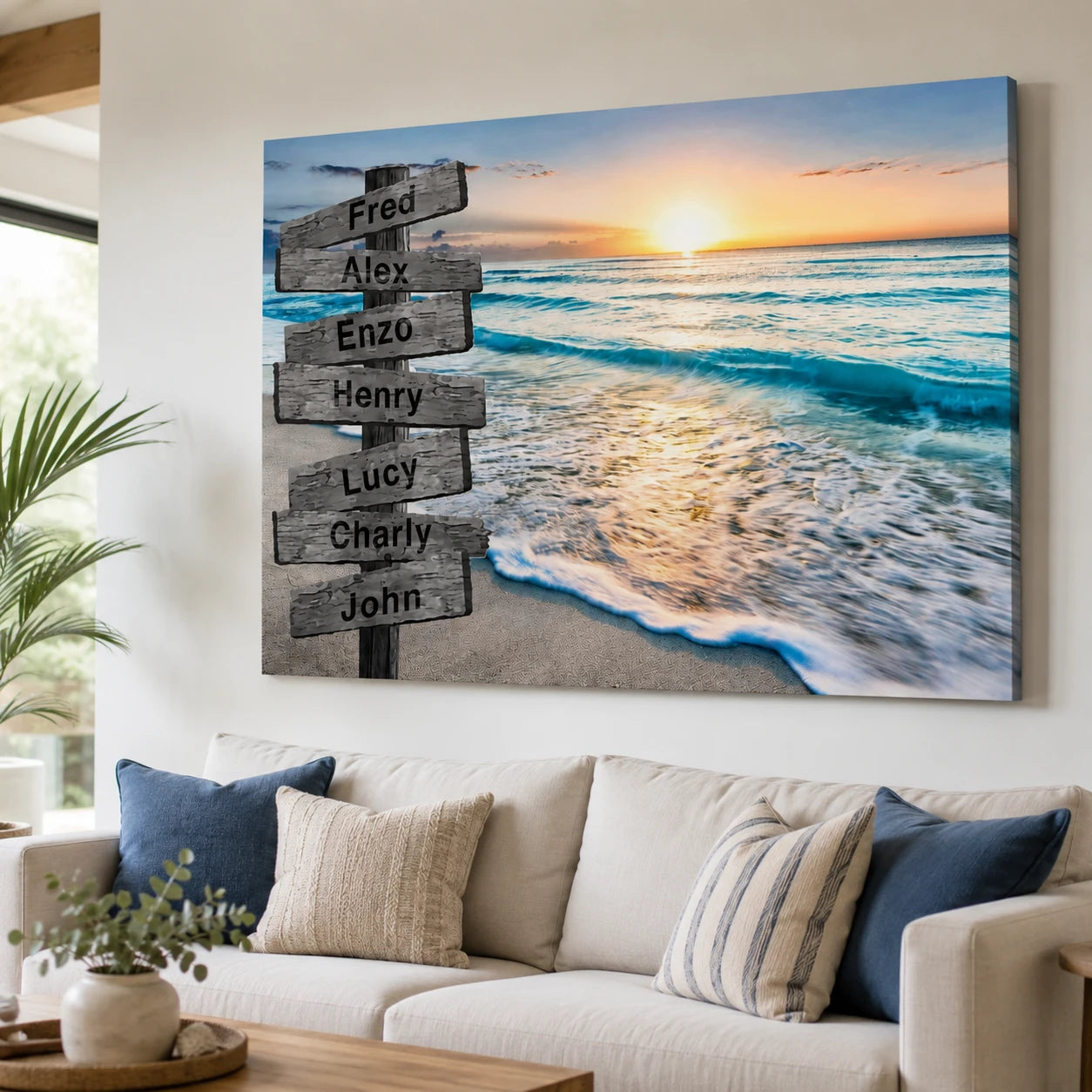 Tableau personnalisé famille bord de mer avec prénoms sur panneaux en bois