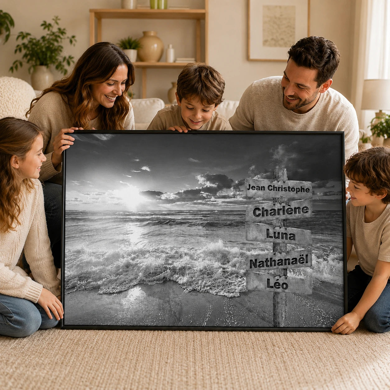Tableau personnalisé plage avec cadre flottant noir