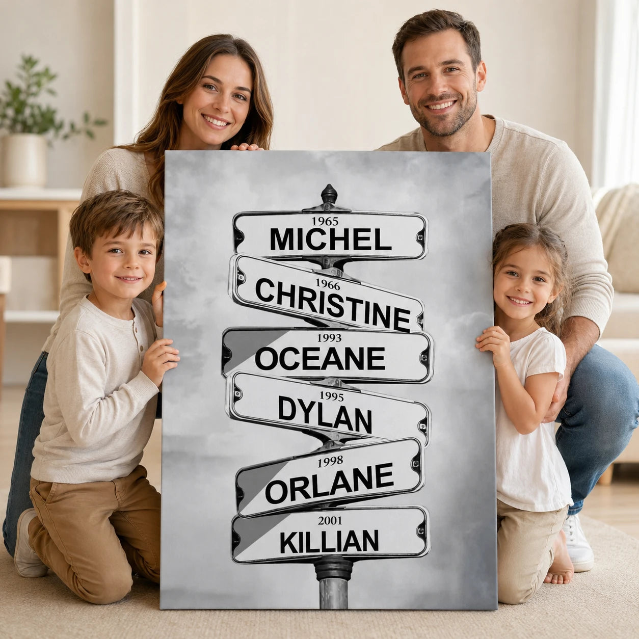 Tableau personnalisé prénoms style intersection vintage en noir et blanc