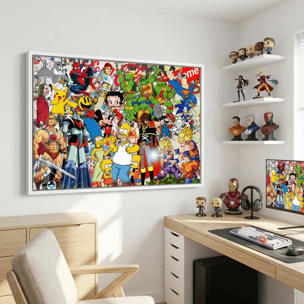 Tableau pop culture coloré inspiré comics manga et dessins animés