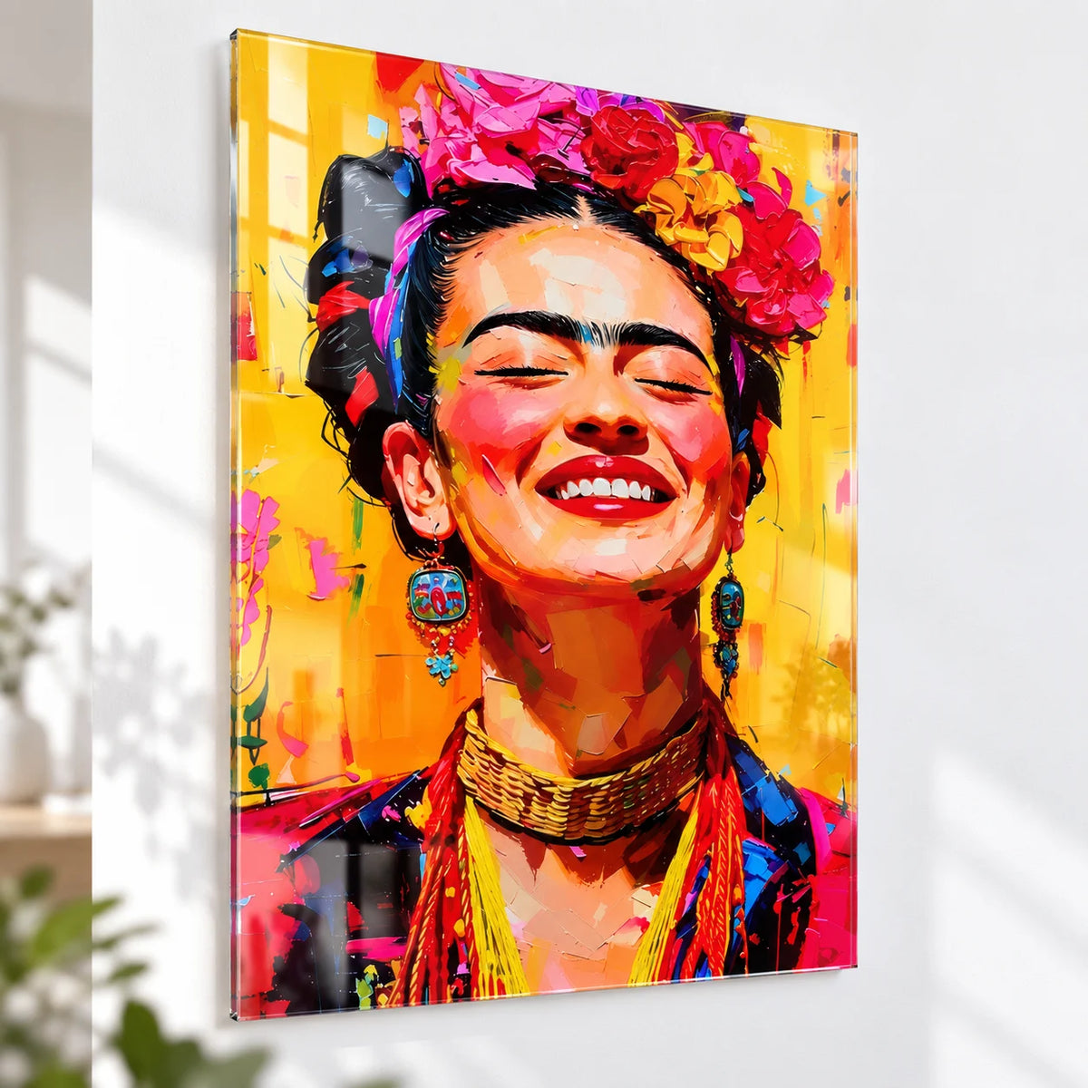 Tableau portrait de femme inspiré de Frida Kahlo dans une palette jaune, rose et rouge