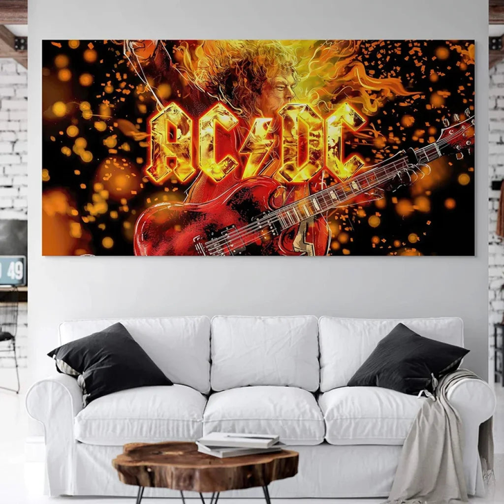 Tableau rock ACDC Fire, énergie concert et étincelles dorées
