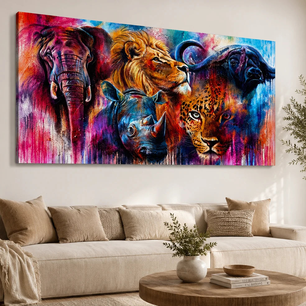 Tableau safari africain lion éléphant léopard rhinocéros buffle