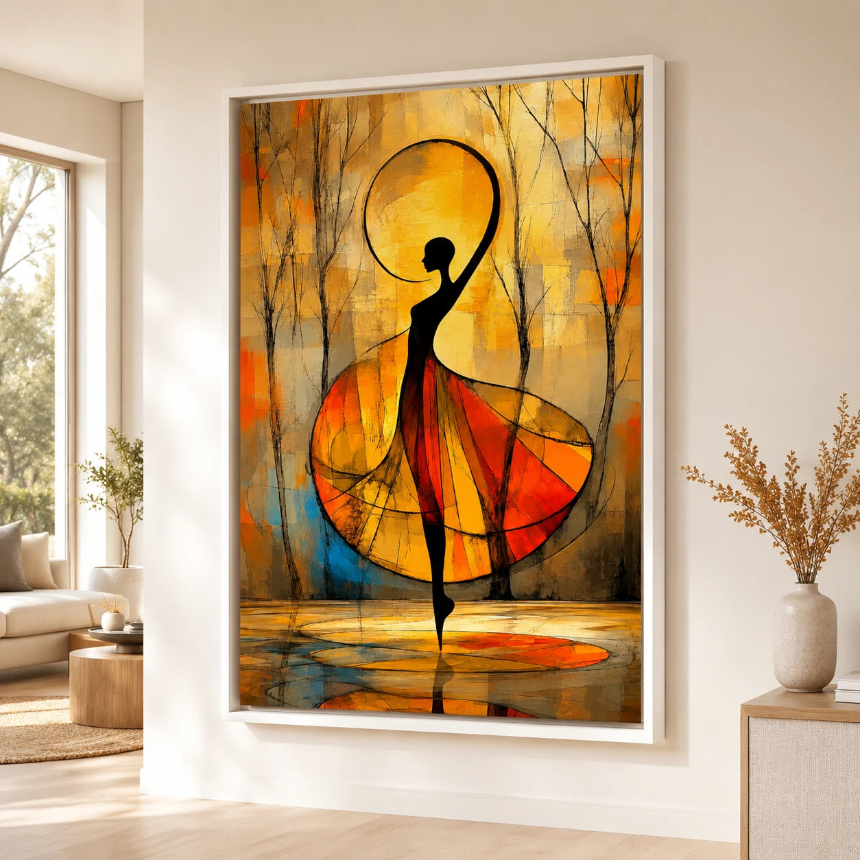 Tableau silhouette féminine avec cadre flottant blanc sur mur clair