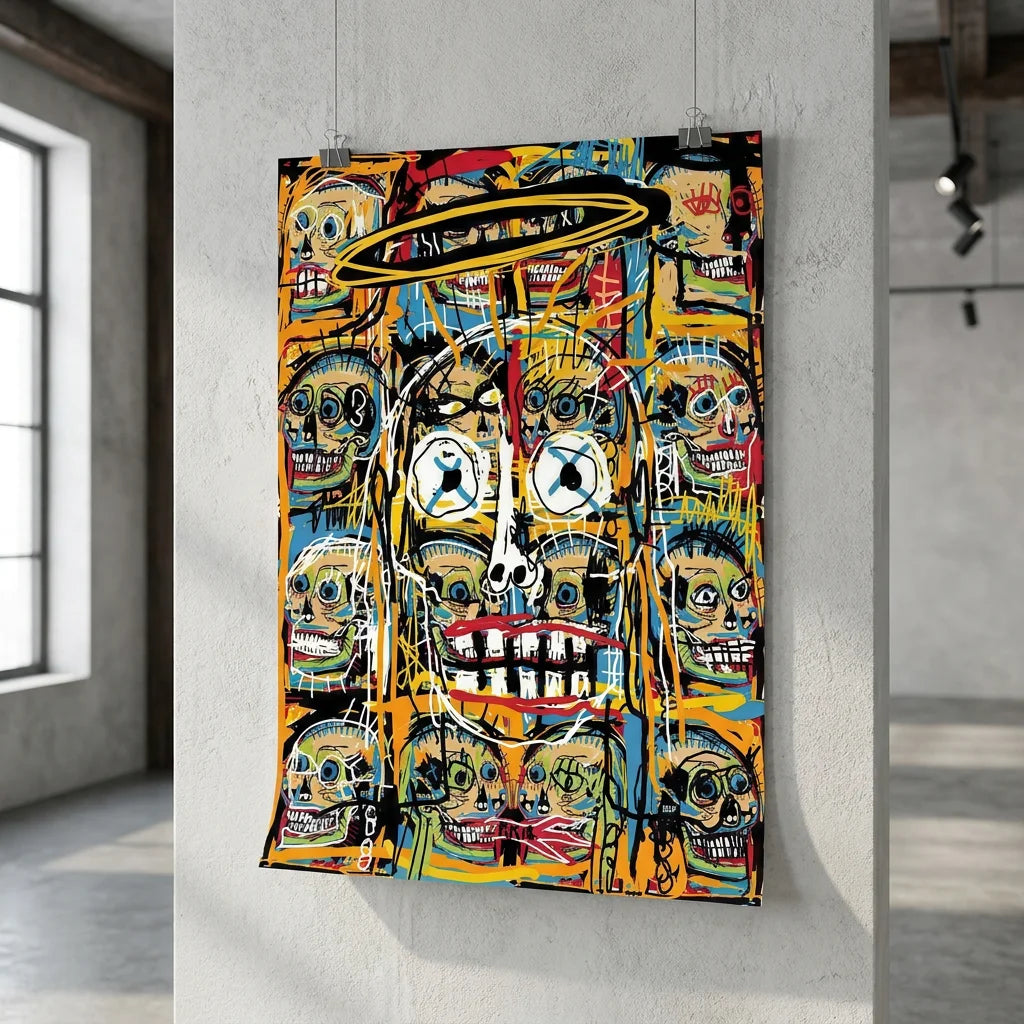 Tableau street art Basquiat avec crânes et lignes dynamiques