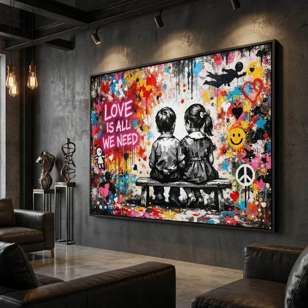 Tableau street art Couple Enfants avec cadre flottant noir dans une décoration moderne.