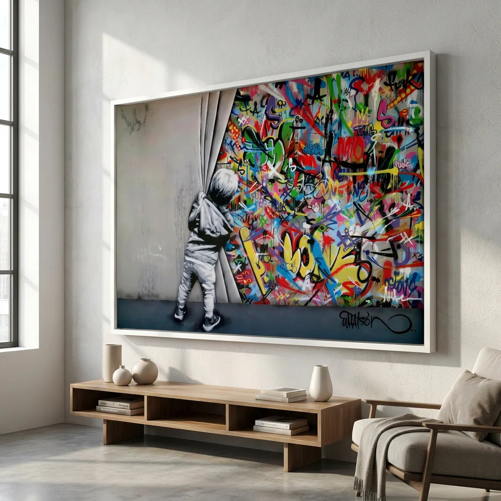 Tableau street art avec enfant devant un mur de graffitis colorés