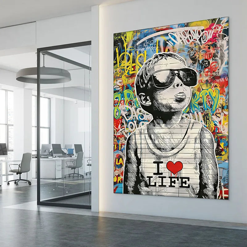 Tableau street art enfant aux lunettes I Love Life fond graffiti