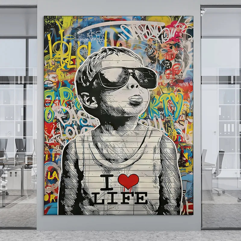 Tableau street art grand format XXL I Love Life art contemporain
