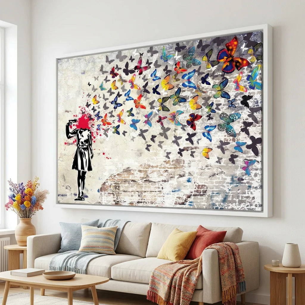 Tableau street art papillons style Banksy