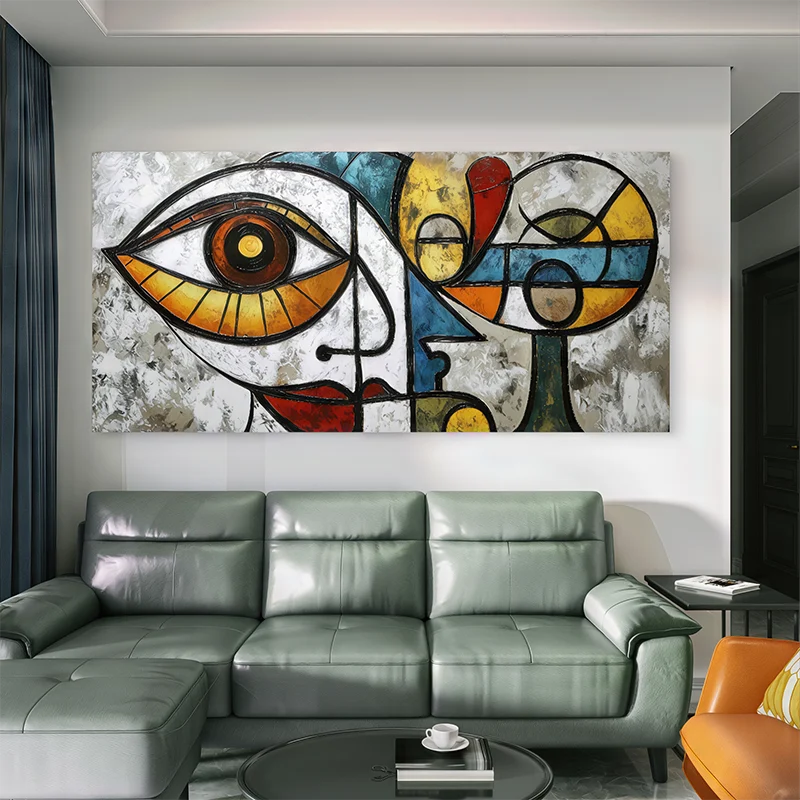 Toile décorative murale abstraite avec éléments de visage et formes circulaires