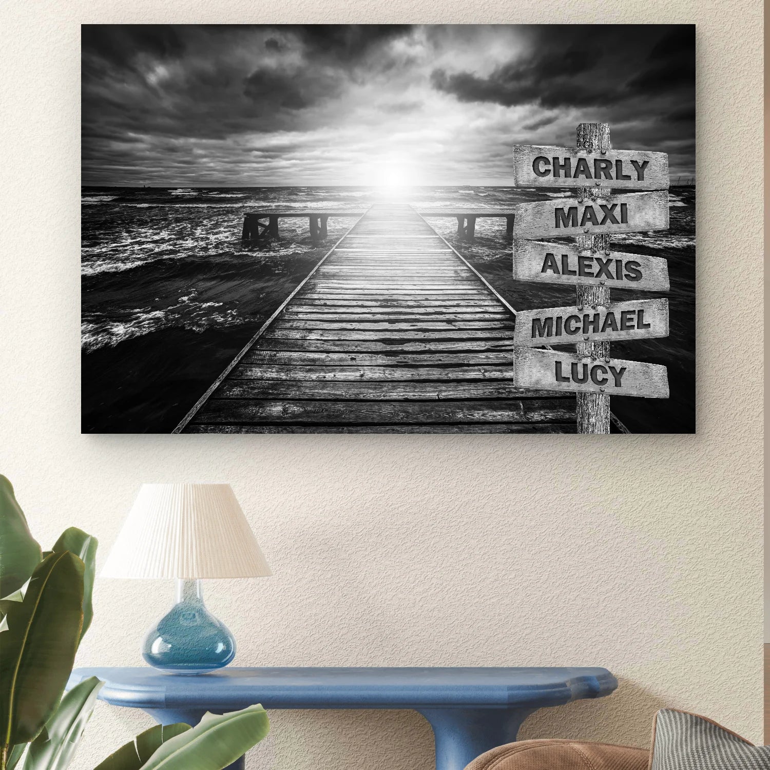 Toile personnalisée prénoms sur fond de mer en noir et blanc