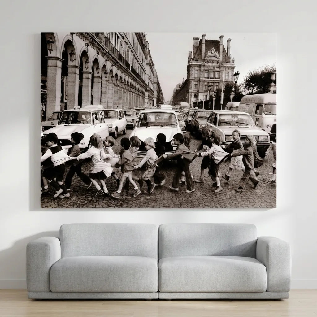 Toile tendue photo Paris vintage noir et blanc Les tabliers de la rue de Rivoli tableau pour salon