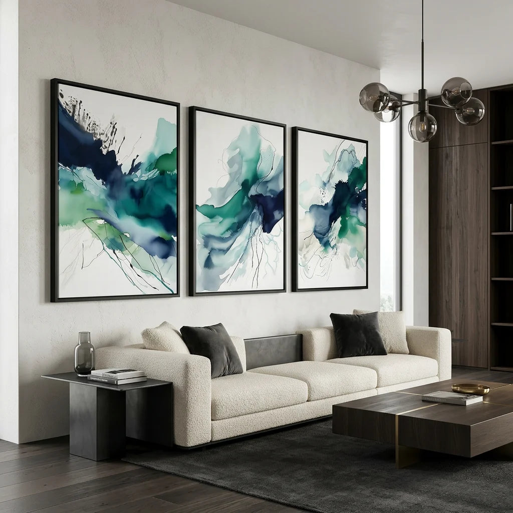 Triptyque abstrait luxe avec effets aquarelle bleu marine et vert océanique