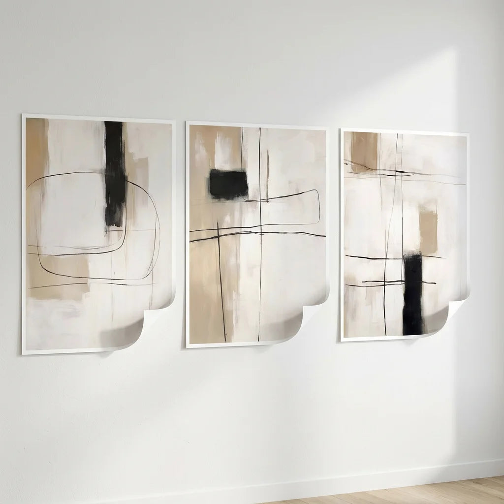 Triptyque abstrait vertical moderne pour intérieur scandinave élégant