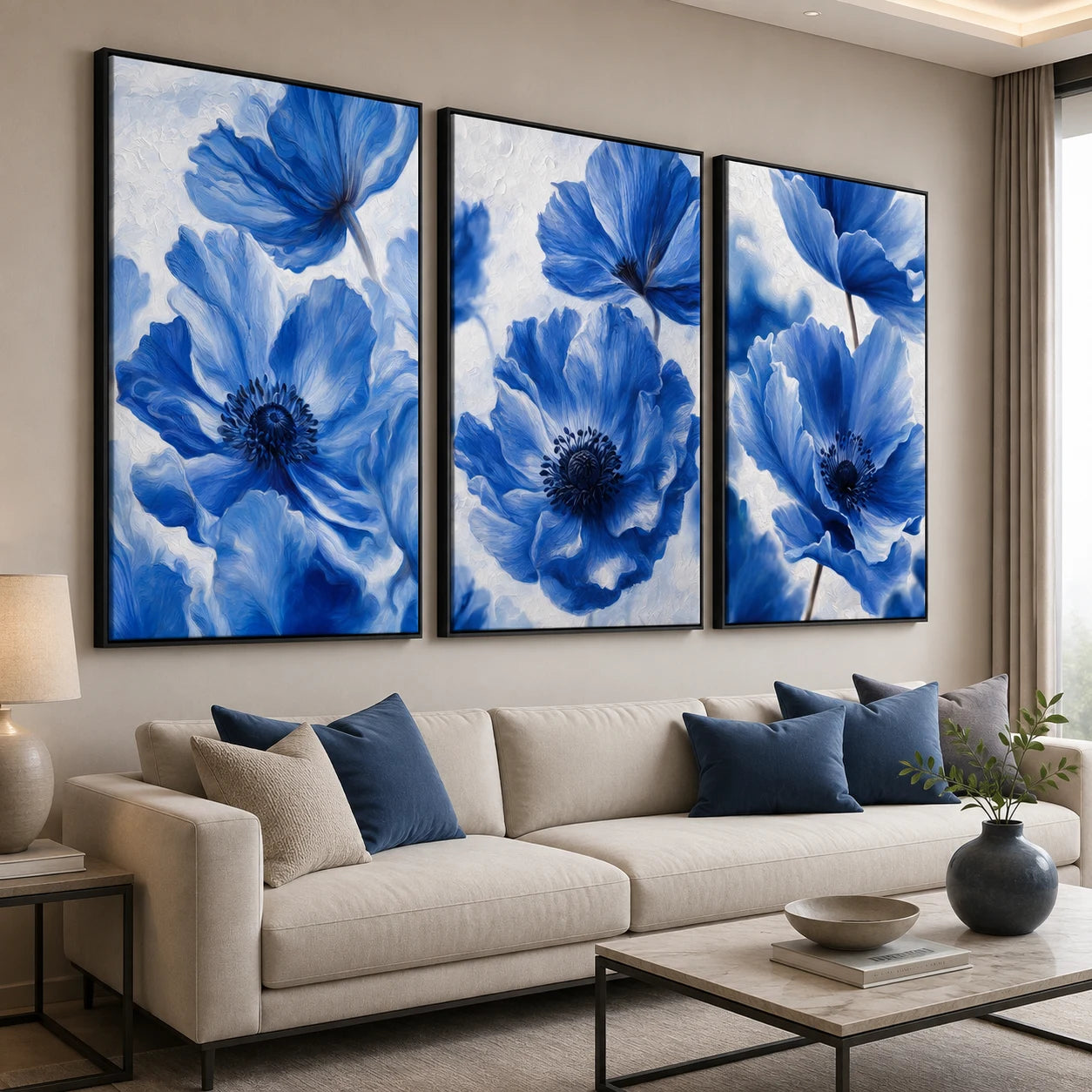 Triptyque fleurs bleues sur toile tendue