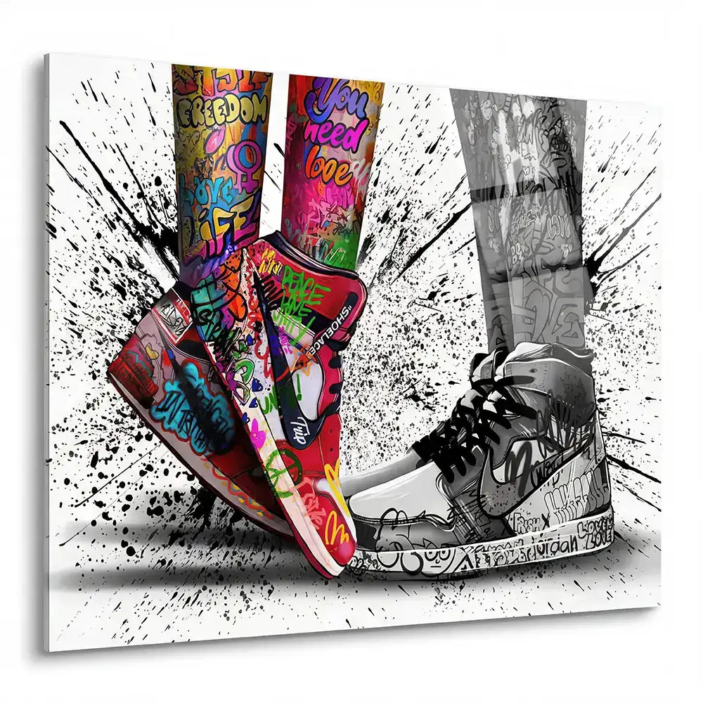 Une basket Nike Air Jordan 1 montante vibrante, couverte de graffitis, avec une tige rouge et blanche.