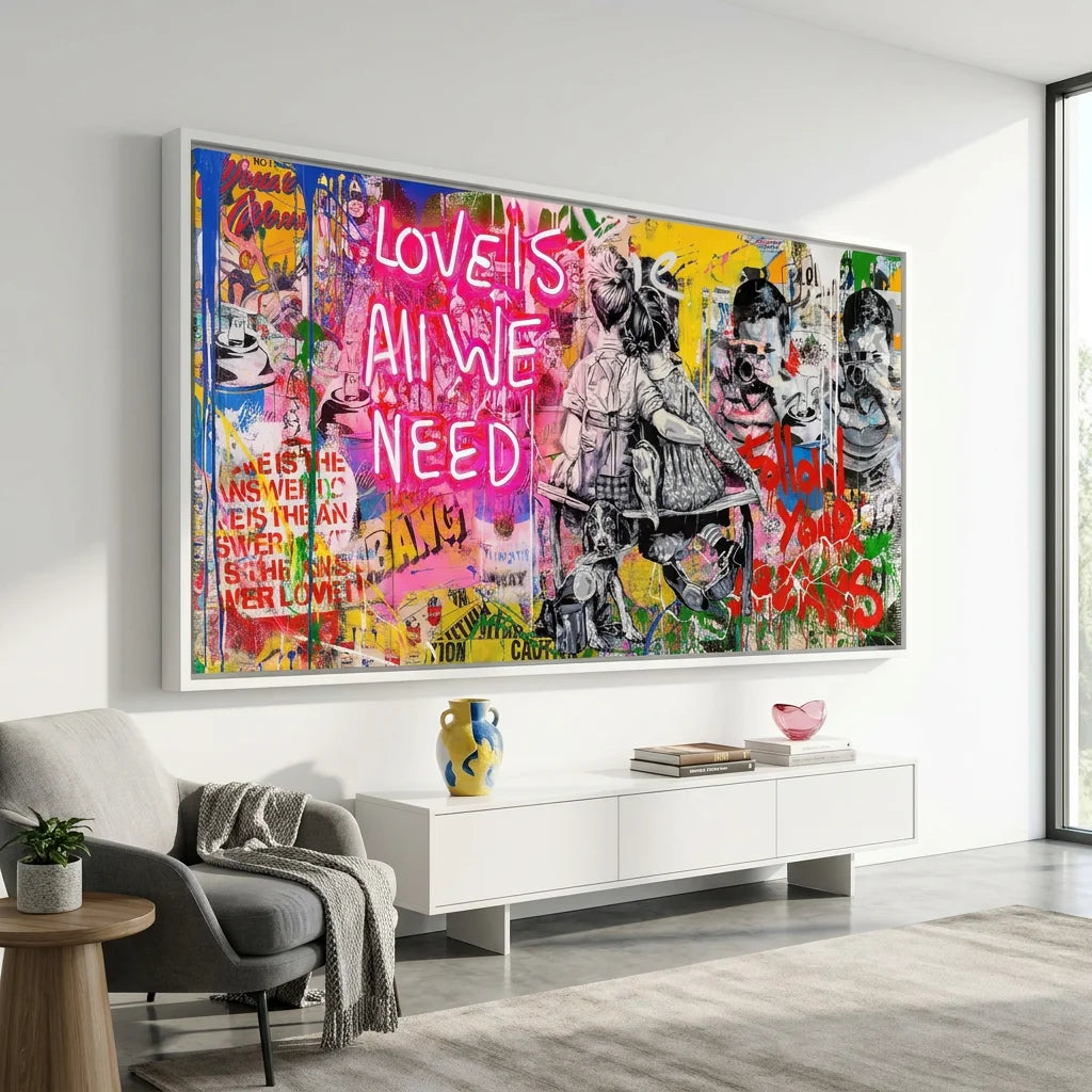Tableau Street Art Love is all we Need - 100x50cm / Cadre blanc - Tableau Street Art
