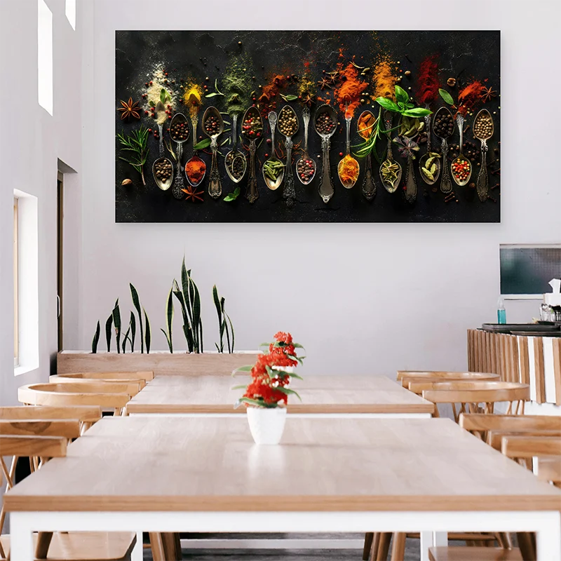 Art mural épices et cuillères anciennes - tableau contemporain pour cuisine