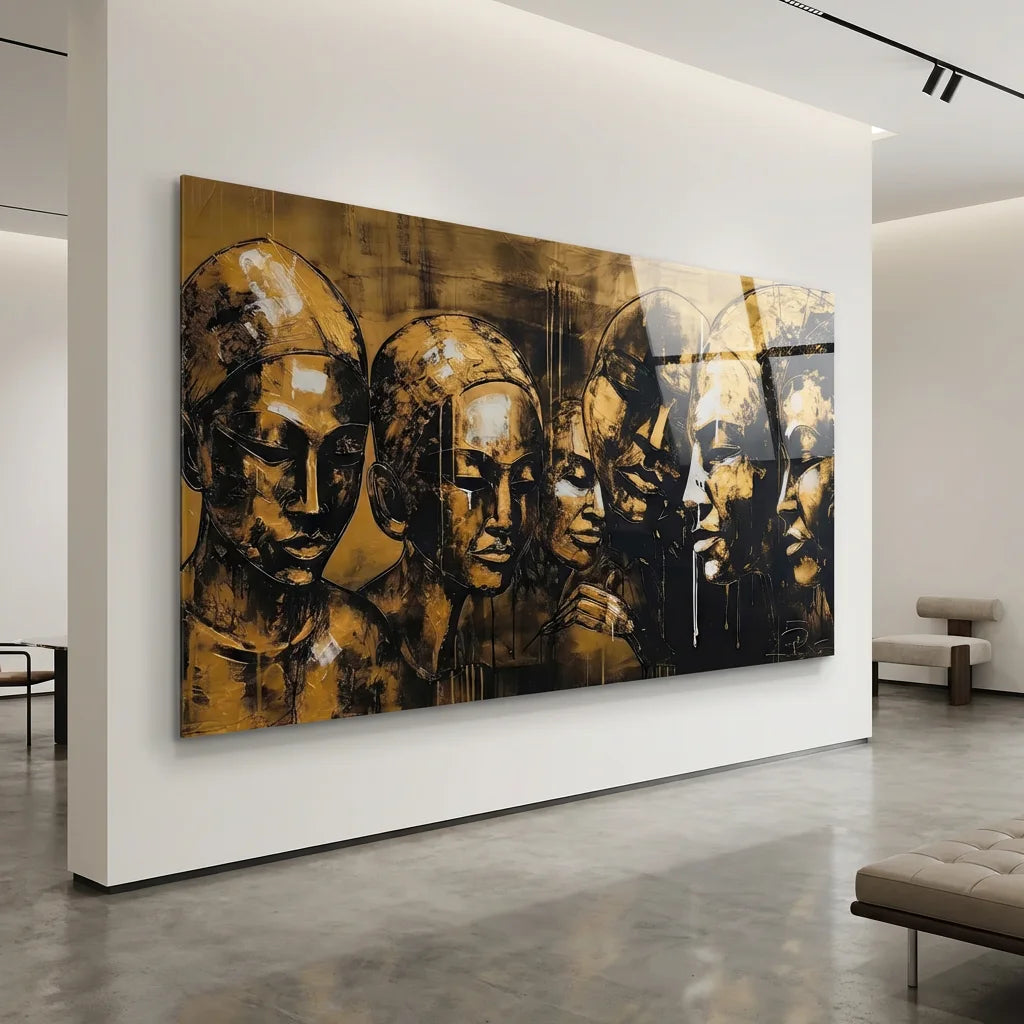 Tableau Contemporain Visages – Style Noir & Or - 40x80cm / Plexiglas - Tableau Contemporain