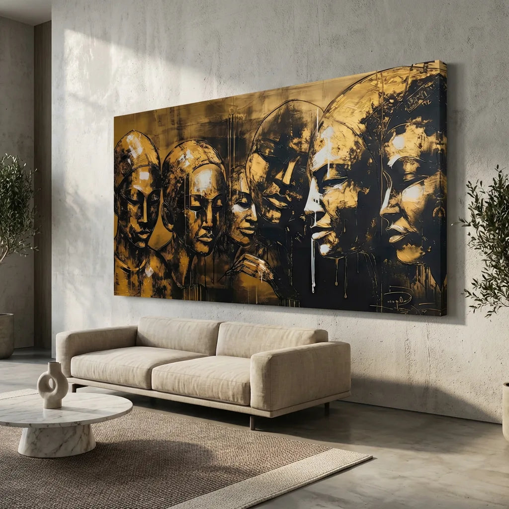 Tableau Contemporain Visages – Style Noir & Or - 40x80cm / Toile tendue sur châssis - Tableau Contemporain