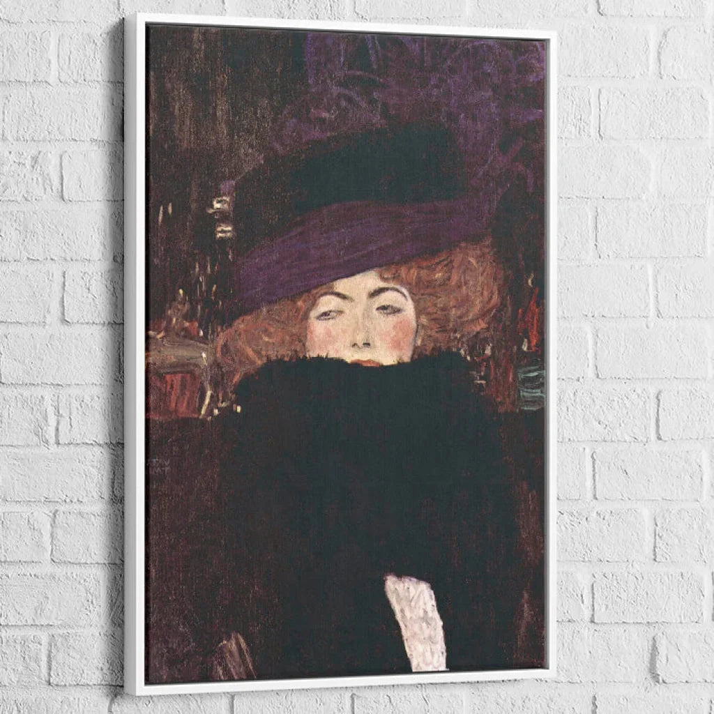 Klimt painting The Woman with the Hat in a white floating frame, luminous decoration