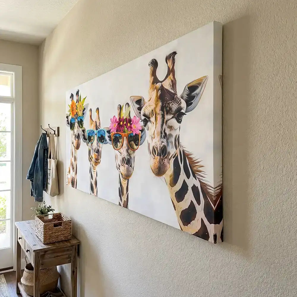 Une impression sur toile vibrante représentant quatre girafes portant des lunettes de soleil colorées et des parures florales sur la tête, accrochée au mur.