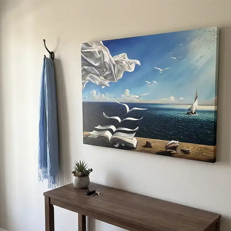 Une peinture sur toile surréaliste représentant un voilier blanc sur une eau bleu foncé, avec des oiseaux blancs stylisés en vol et des tissus flottants contre un ciel lumineux.