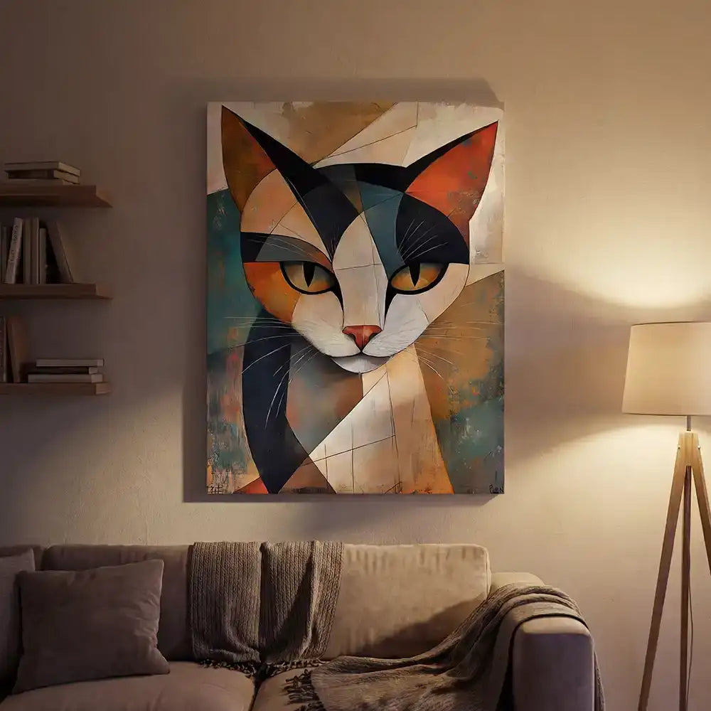 Un portrait géométrique vibrant d'un chat, peinture avec des sections audacieuses en noir, blanc, orange et turquoise.