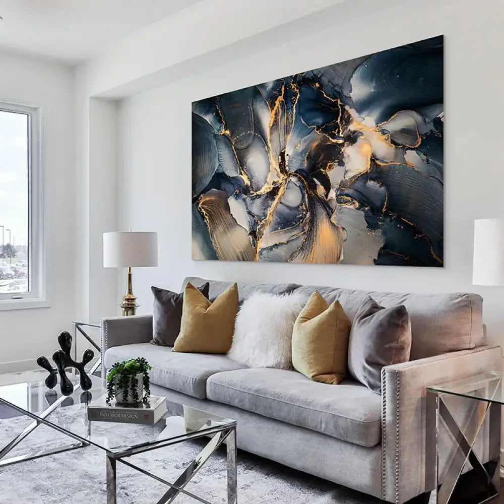Tableau abstrait bleu et or effet marbre océanique