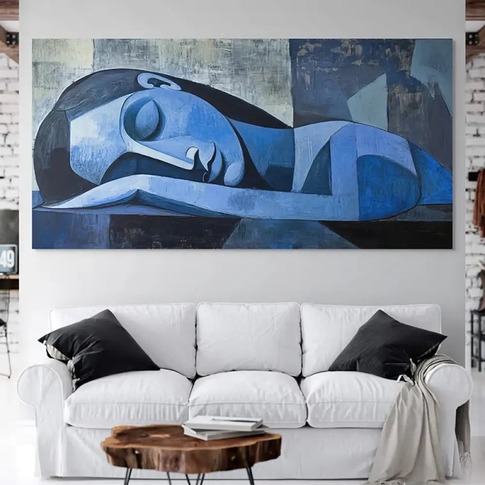 Grand tableau abstrait bleu – rêve cubiste contemporain