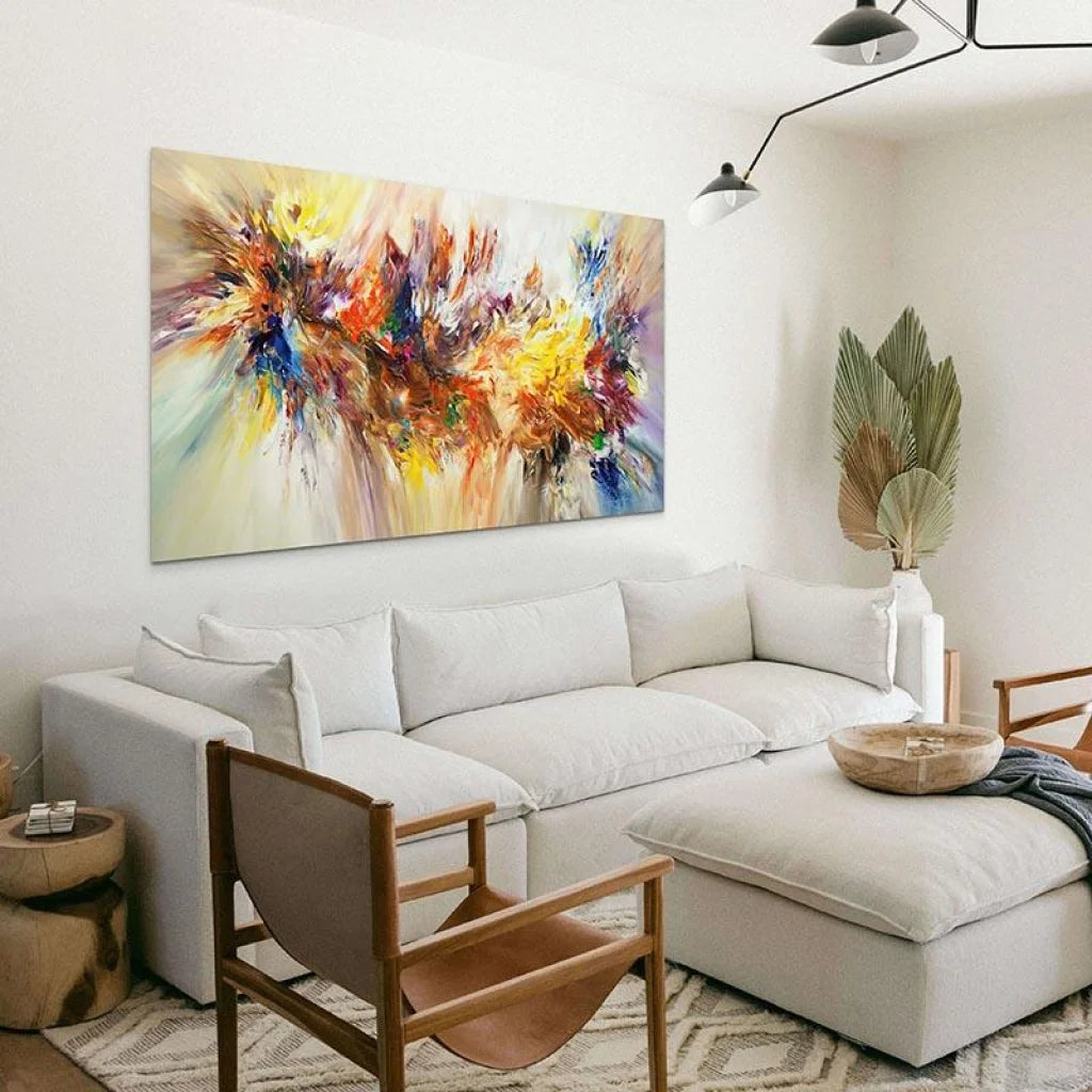 Art abstrait mural – éclats jaune rouge bleu sur fond clair