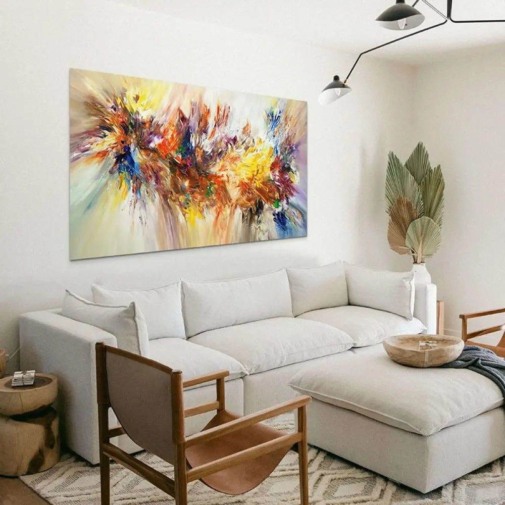 Art abstrait mural – éclats jaune rouge bleu sur fond clair