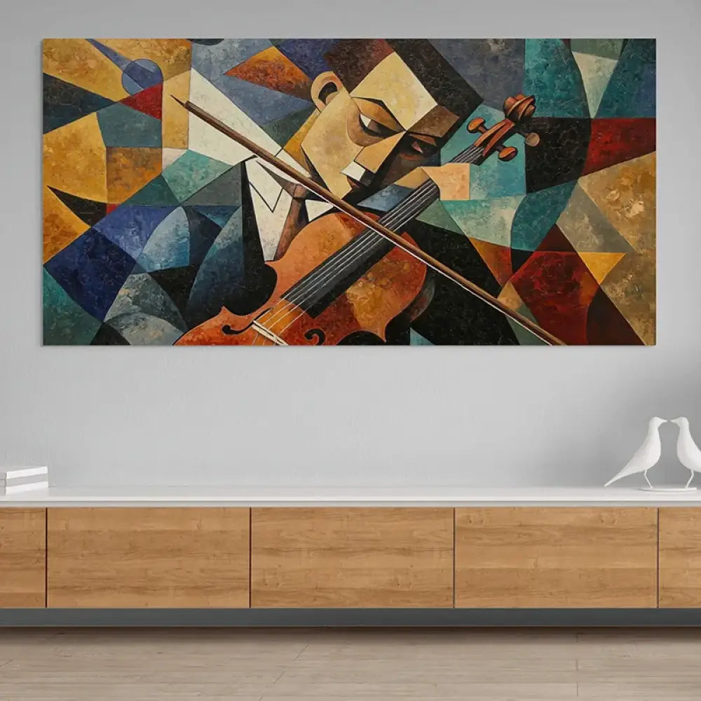 Grand tableau musicien – violon en couleurs cubistes pour déco salon