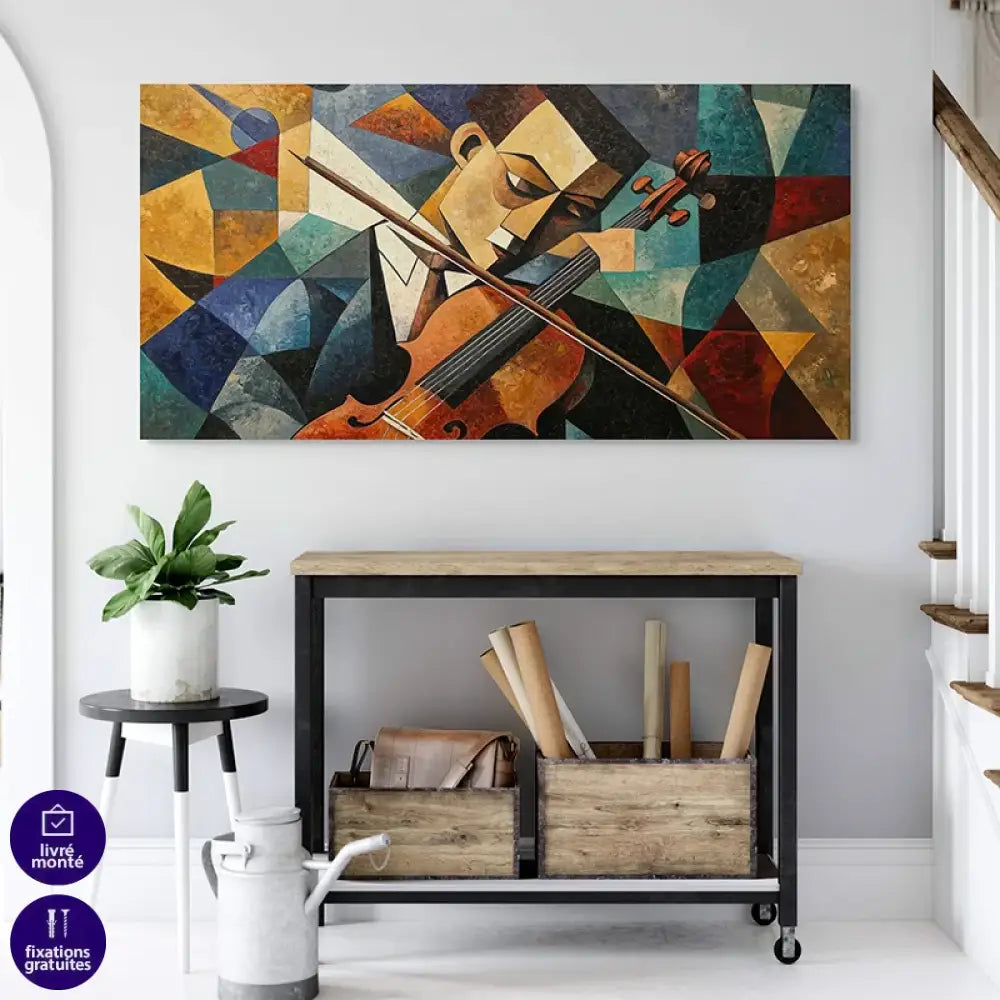 Tableau abstrait musicien – violon en couleurs cubistes